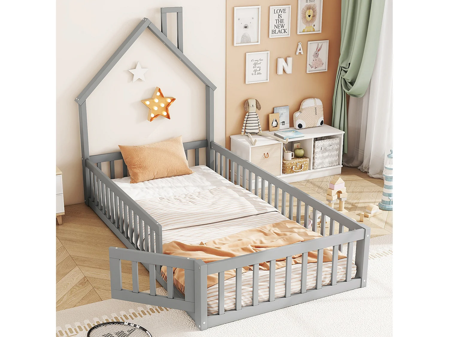 Kinderbed 90x200cm in massief hout - met lattenbodem - Grijs