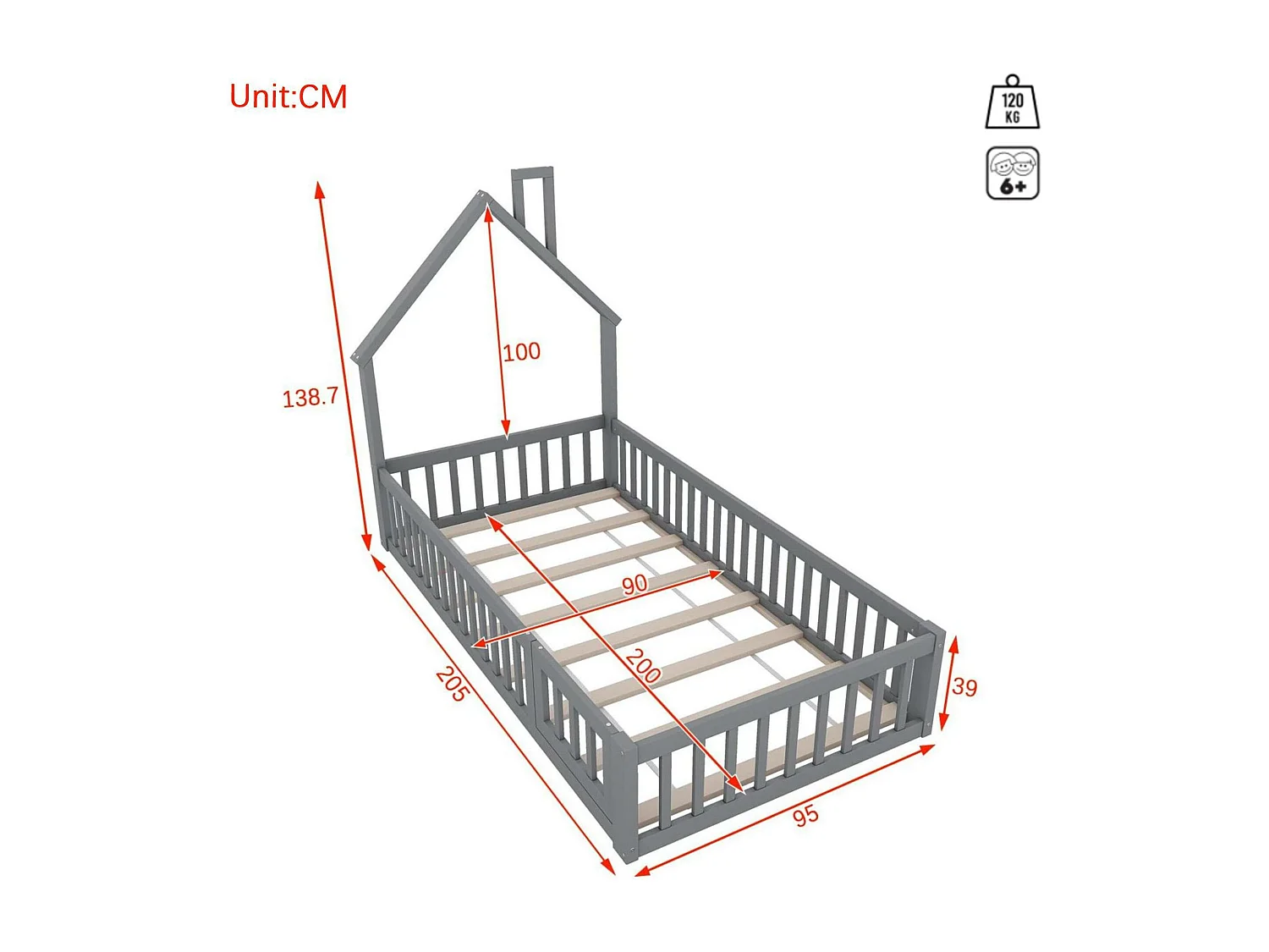 Kinderbed 90x200cm in massief hout - met lattenbodem - Grijs
