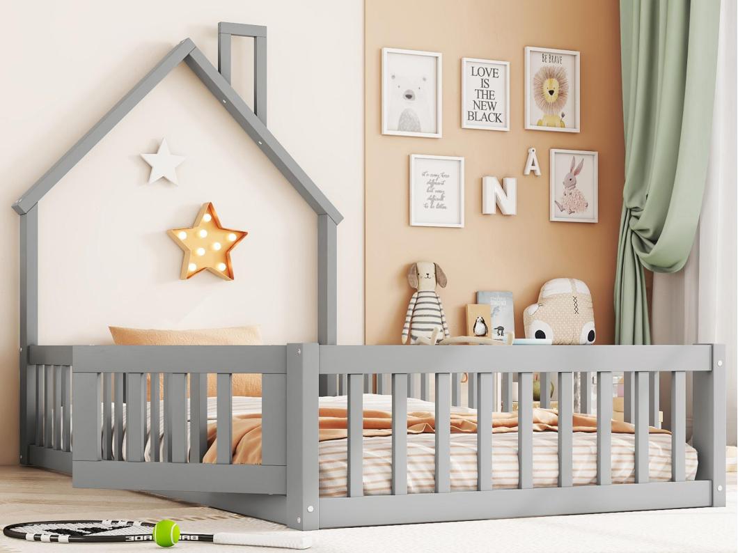 Cama infantil 90x200cm em madeira maciça - com base de ripas - Cinza