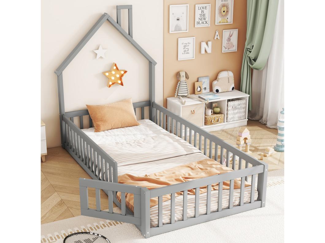 Cama infantil 90x200cm em madeira maciça - com base de ripas - Cinza