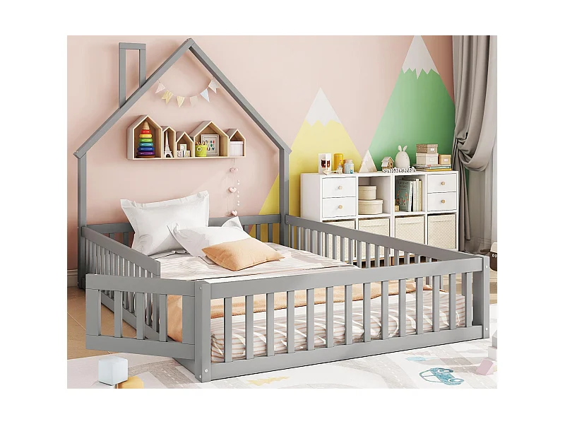 Kinderbett 140x200cm aus Massivholz – mit Lattenrost – Grau