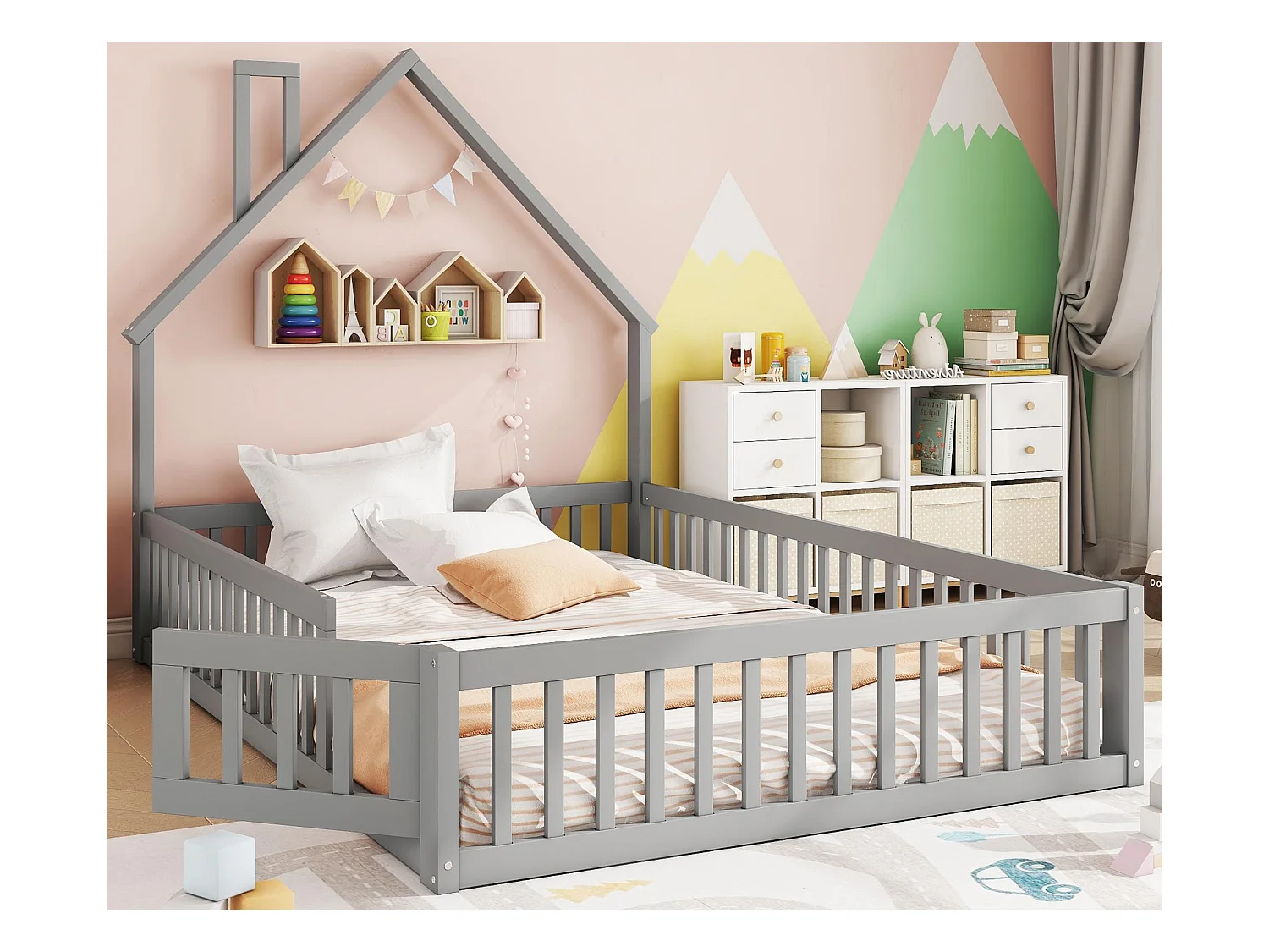 Kinderbett 140x200cm aus Massivholz – mit Lattenrost – Grau