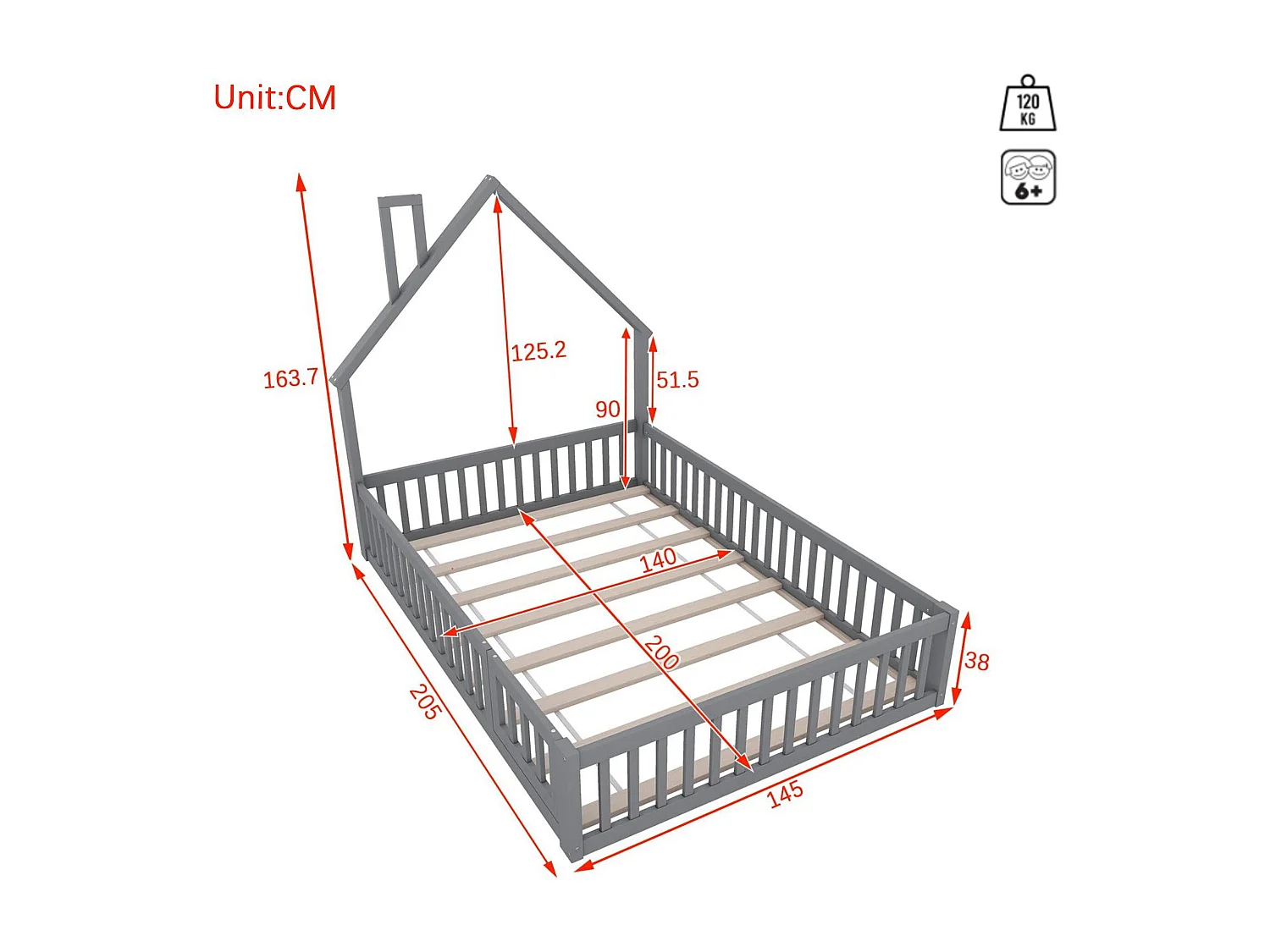 Kinderbett 140x200cm aus Massivholz – mit Lattenrost – Grau