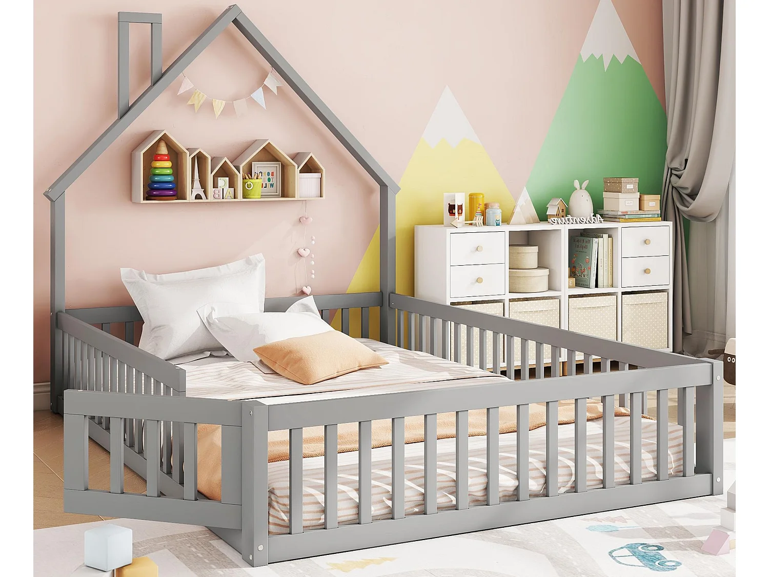 Lit enfant 140x200cm en bois massif - avec sommier à lattes - Gris