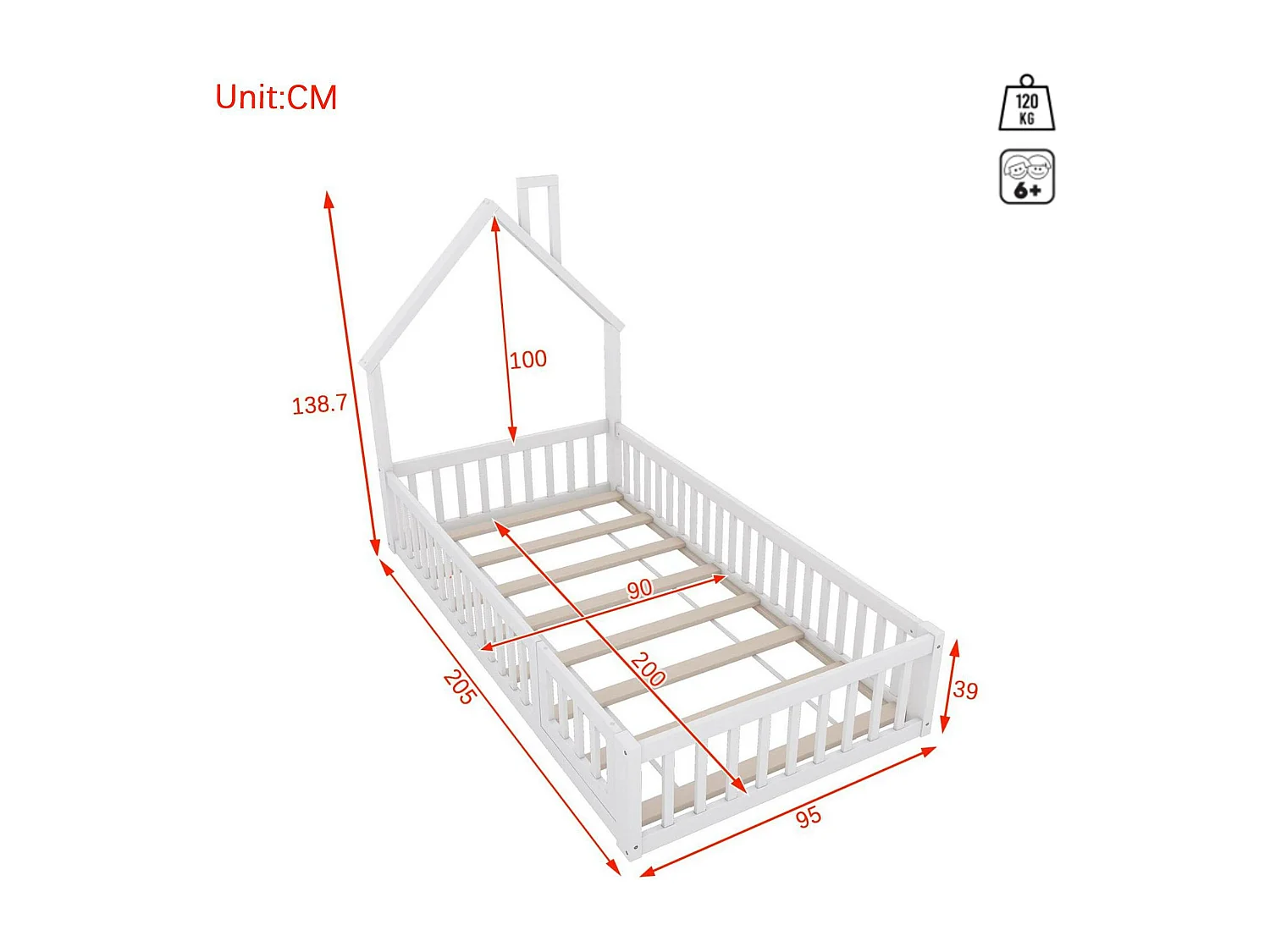 Kinderbed 90x200cm in massief hout - met lattenbodem - Wit