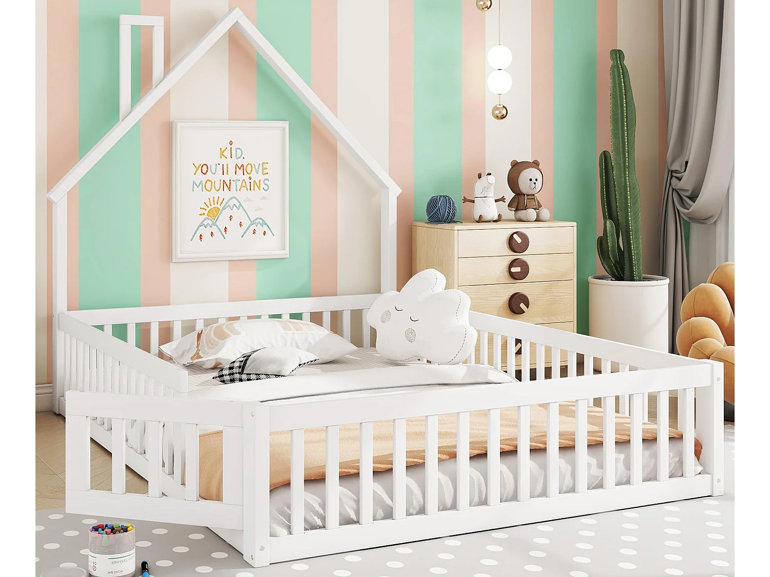 Lit enfant 140x200cm en bois massif - avec sommier à lattes - Blanc