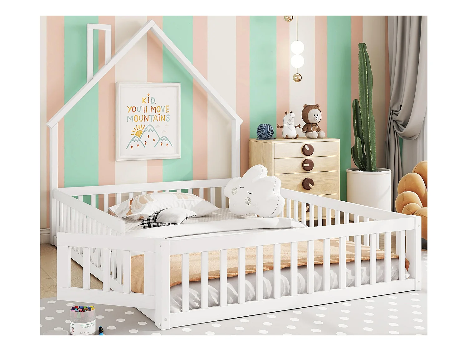 Lit enfant 140x200cm en bois massif - avec sommier à lattes - Blanc