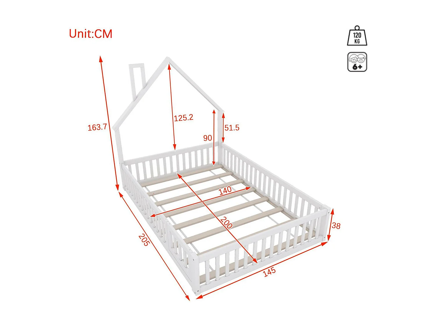 Letto per bambini 140x200cm in legno massello - con rete a doghe - Bianco