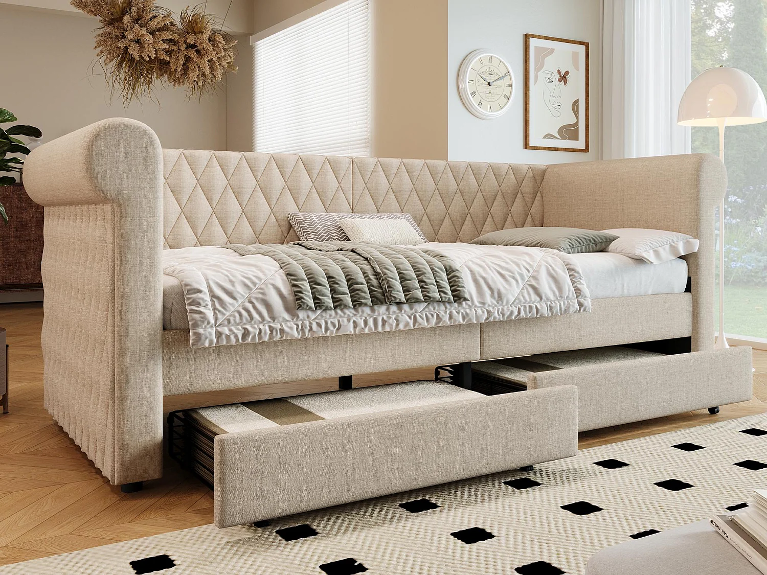 Dormeuse con 2 cassetti in tessuto di lino - 90x200 cm - con rete a doghe - Beige