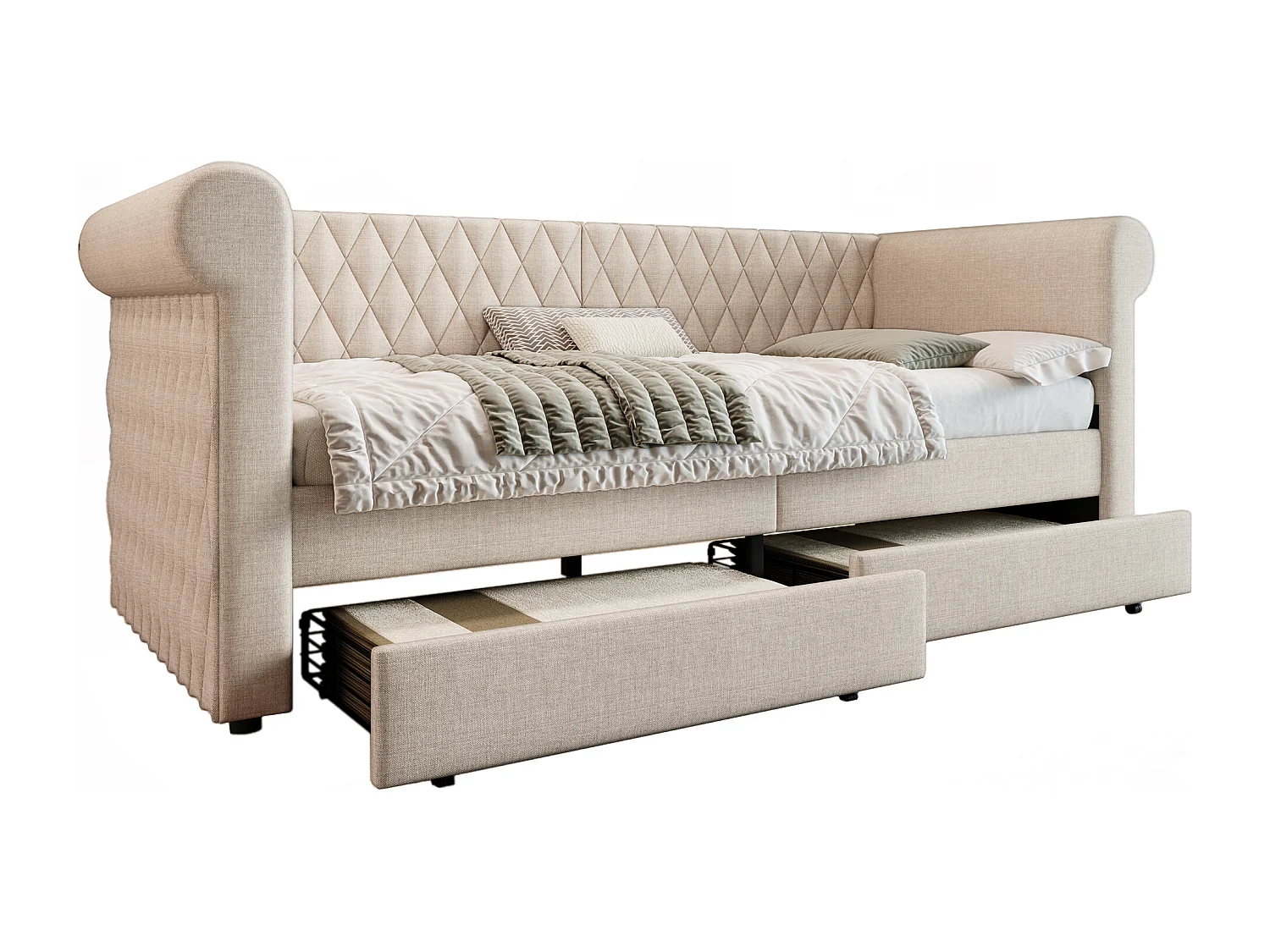 Dormeuse con 2 cassetti in tessuto di lino - 90x200 cm - con rete a doghe - Beige