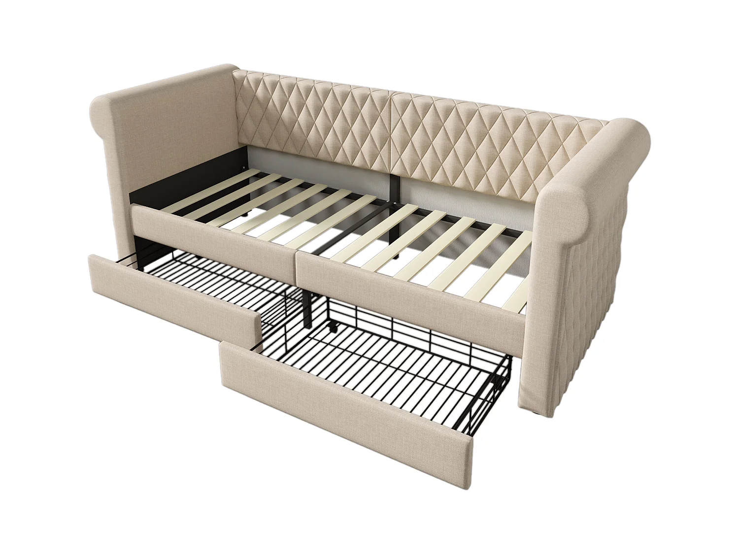 Lit banquette avec 2 tiroirs en tissu lin - 90x200cm - avec sommier à lattes - Beige