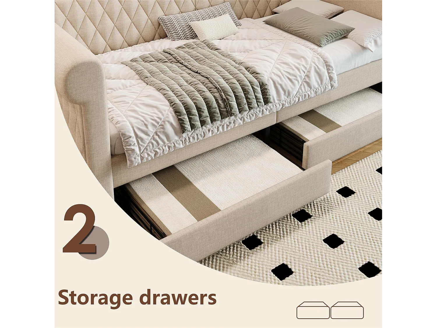 Lit banquette avec 2 tiroirs en tissu lin - 90x200cm - avec sommier à lattes - Beige