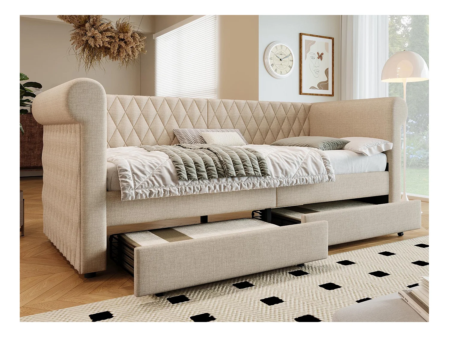 Lit banquette avec 2 tiroirs en tissu lin - 90x200cm - avec sommier à lattes - Beige