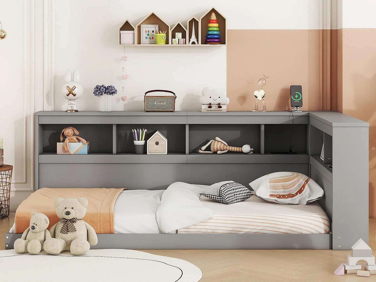 Sofá cama 90x200 cm - con puertos USB y almacenamiento - Gris