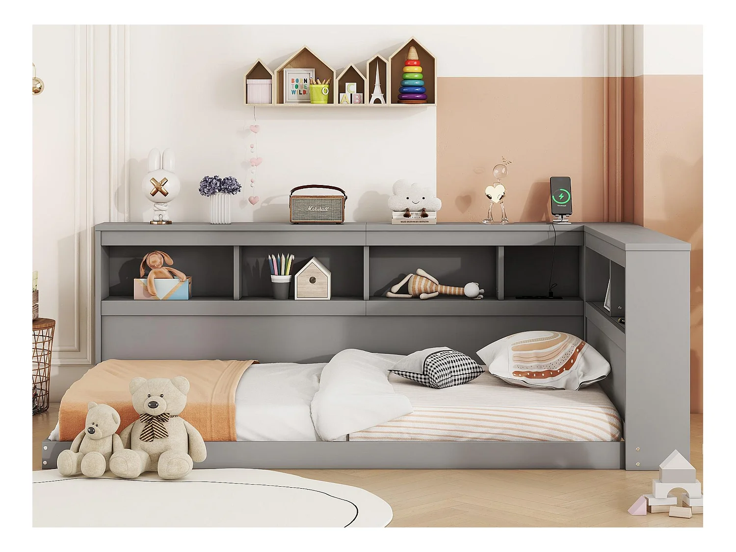 Łóżko banquette 90x200cm - z portami USB i schowkami - Szare