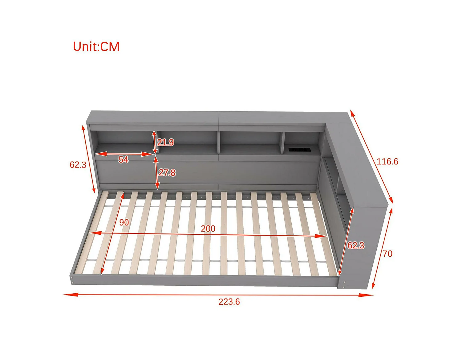 Lit banquette 90x200cm - avec Ports de USB et rangements - Gris