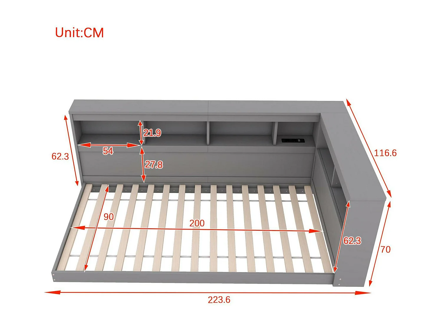 Lit banquette 90x200cm - avec Ports de USB et rangements - Gris