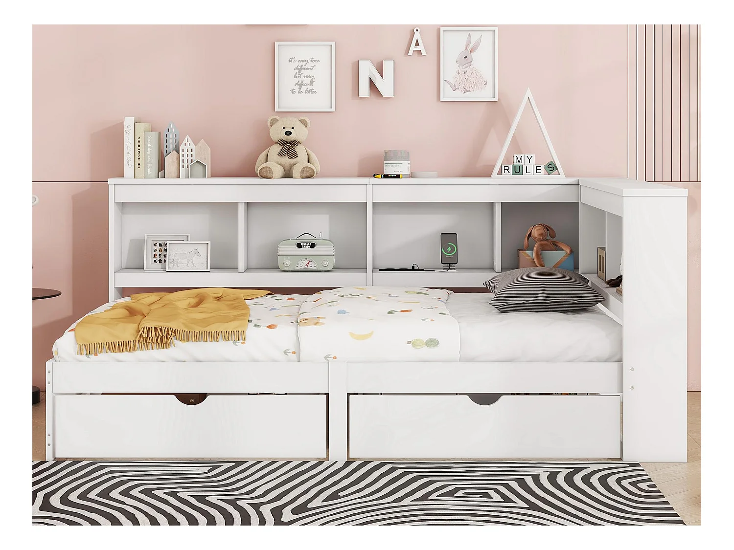 Bedbank van 90x200cm - met USB-poorten en opbergruimte - Wit
