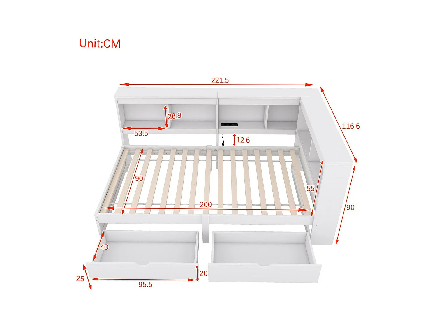 Lit banquette 90x200cm - avec Ports de USB et rangements - Blanc