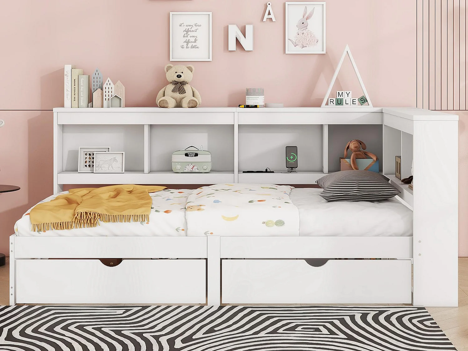 Dormeuse letto 90x200 cm - con porte USB e portaoggetti - Bianco