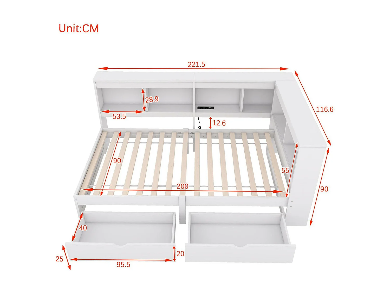 Dormeuse letto 90x200 cm - con porte USB e portaoggetti - Bianco