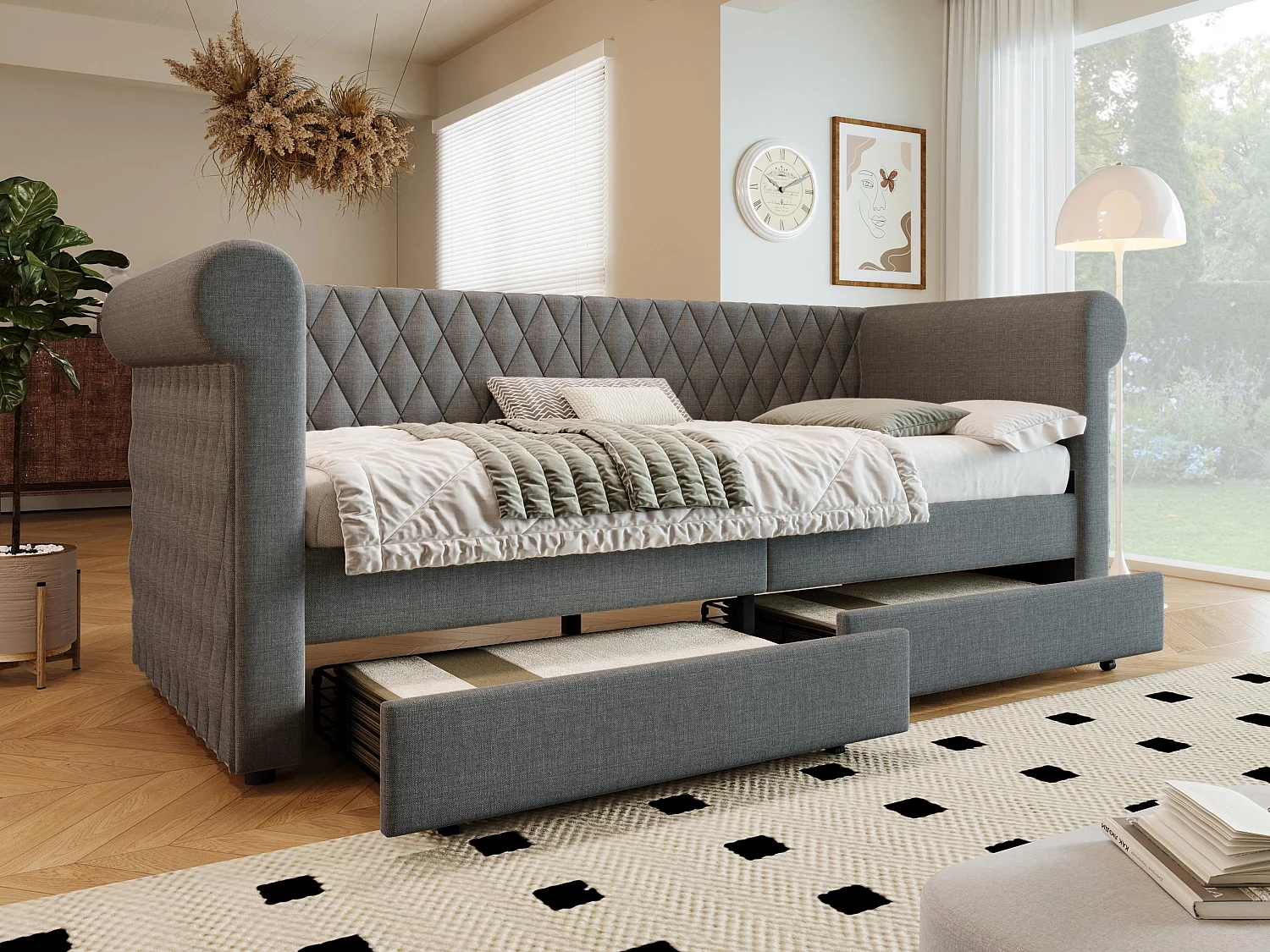 Dormeuse con 2 cassetti in tessuto di lino - 90x200 cm - con rete a doghe - Grigio