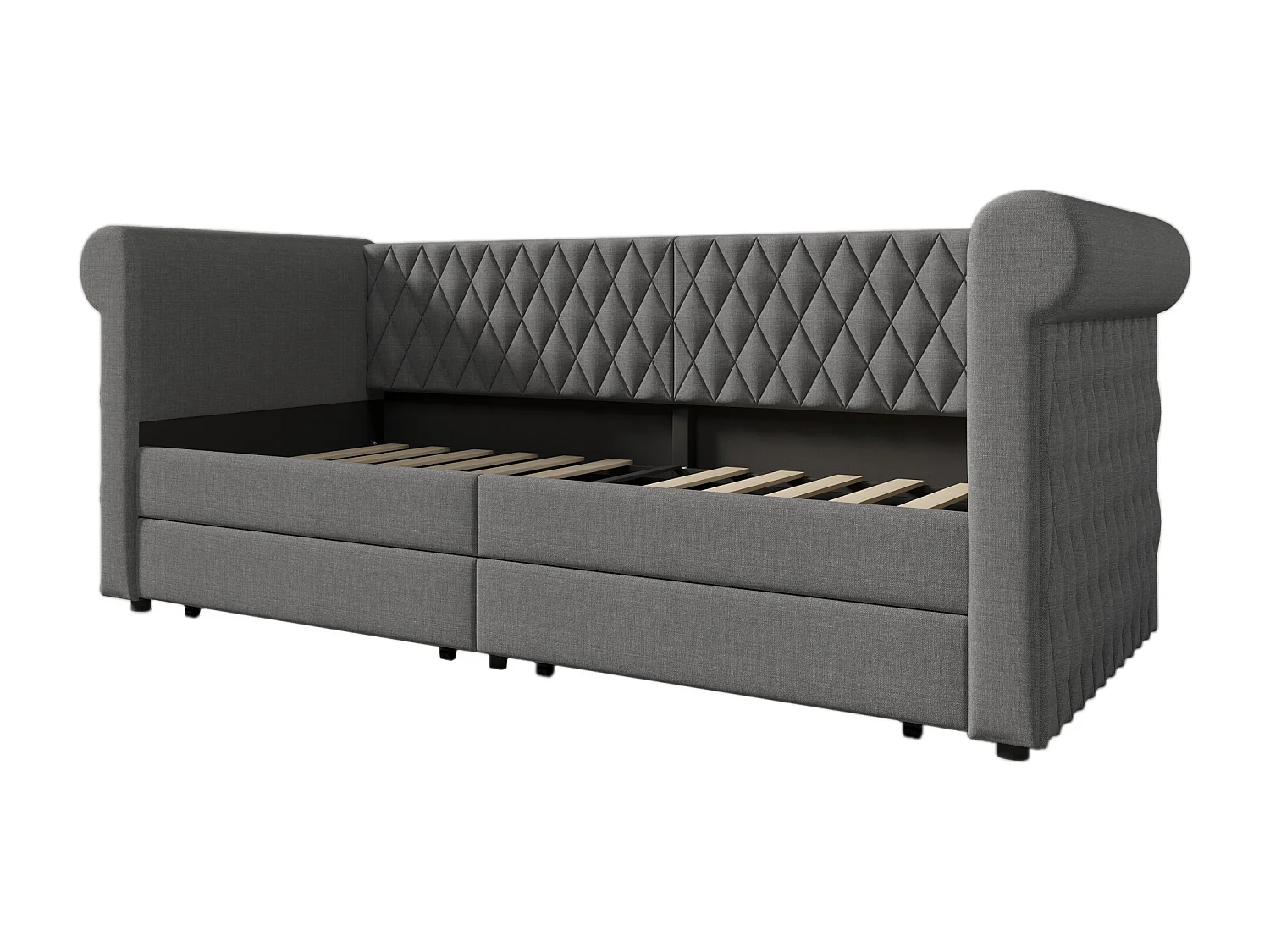 Dormeuse con 2 cassetti in tessuto di lino - 90x200 cm - con rete a doghe - Grigio