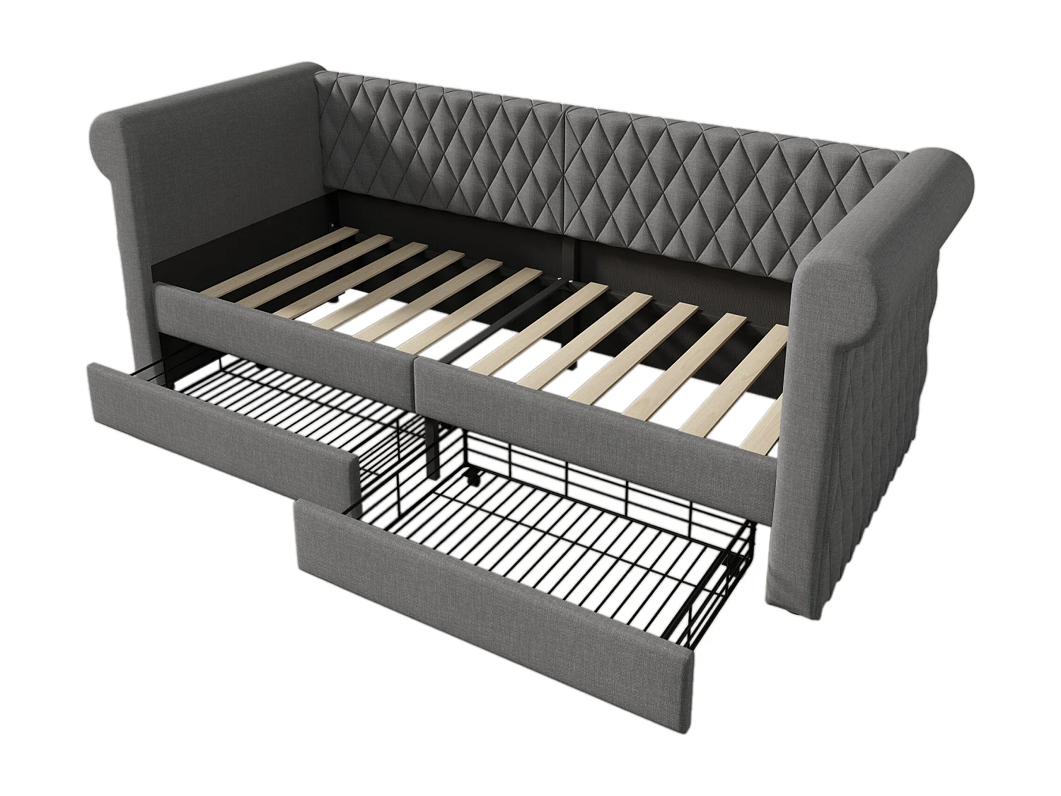 Dormeuse con 2 cassetti in tessuto di lino - 90x200 cm - con rete a doghe - Grigio