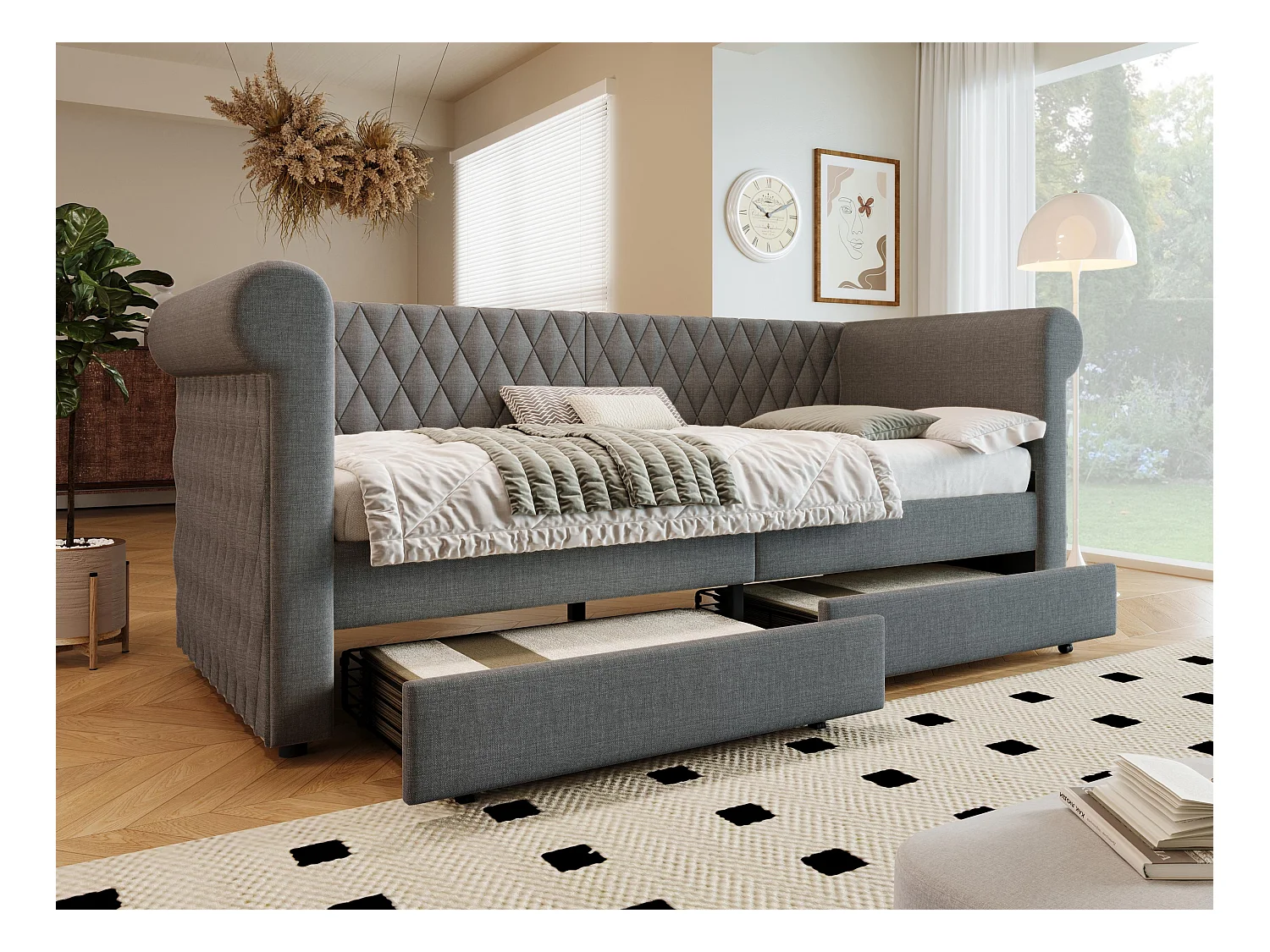 Łóżko z kanapą z 2 szufladami z lnu - 90x200cm - z stelażem na listwy - Szary