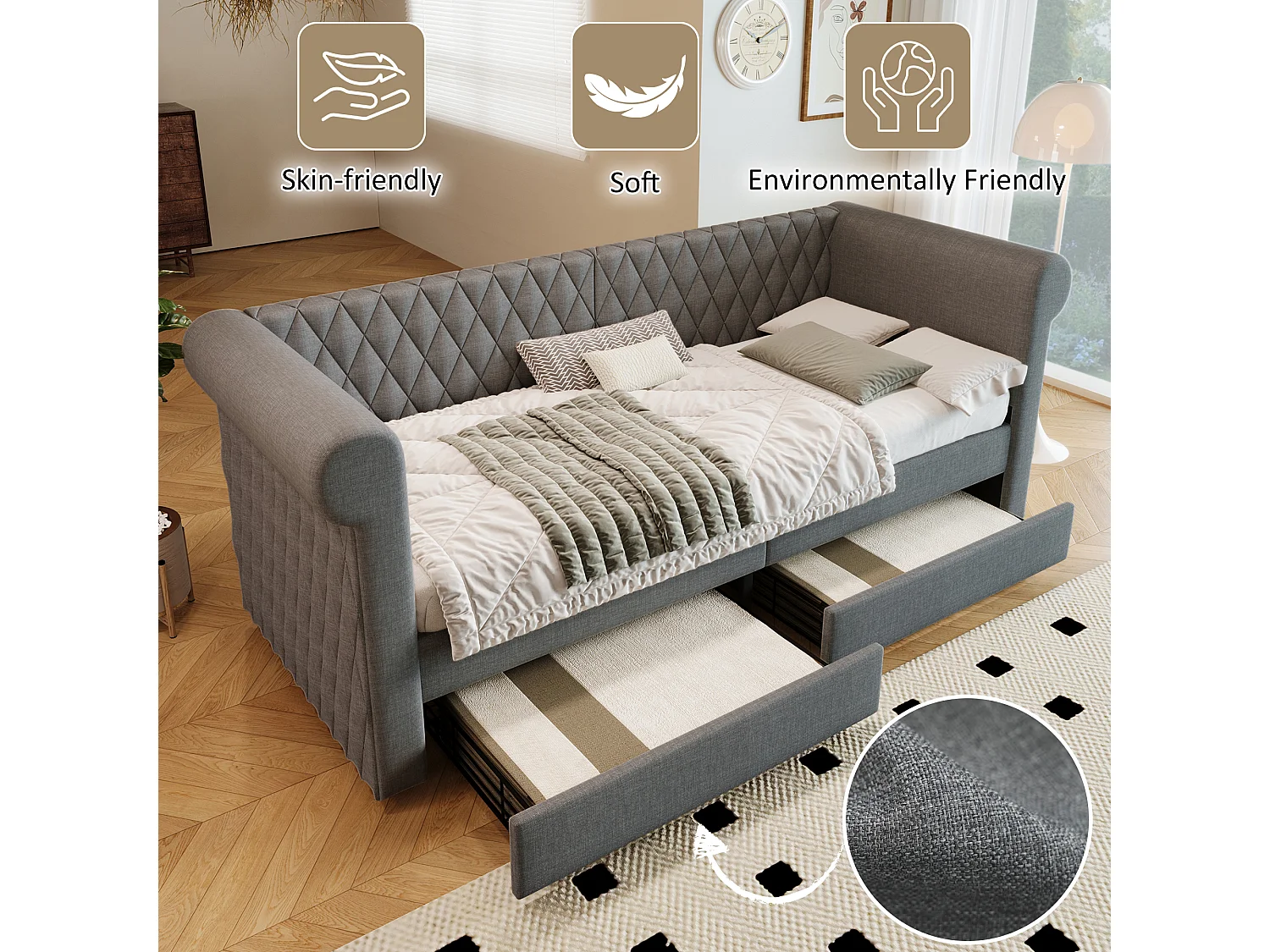 Lit banquette avec 2 tiroirs en tissu lin - 90x200cm - avec sommier à lattes - Gris