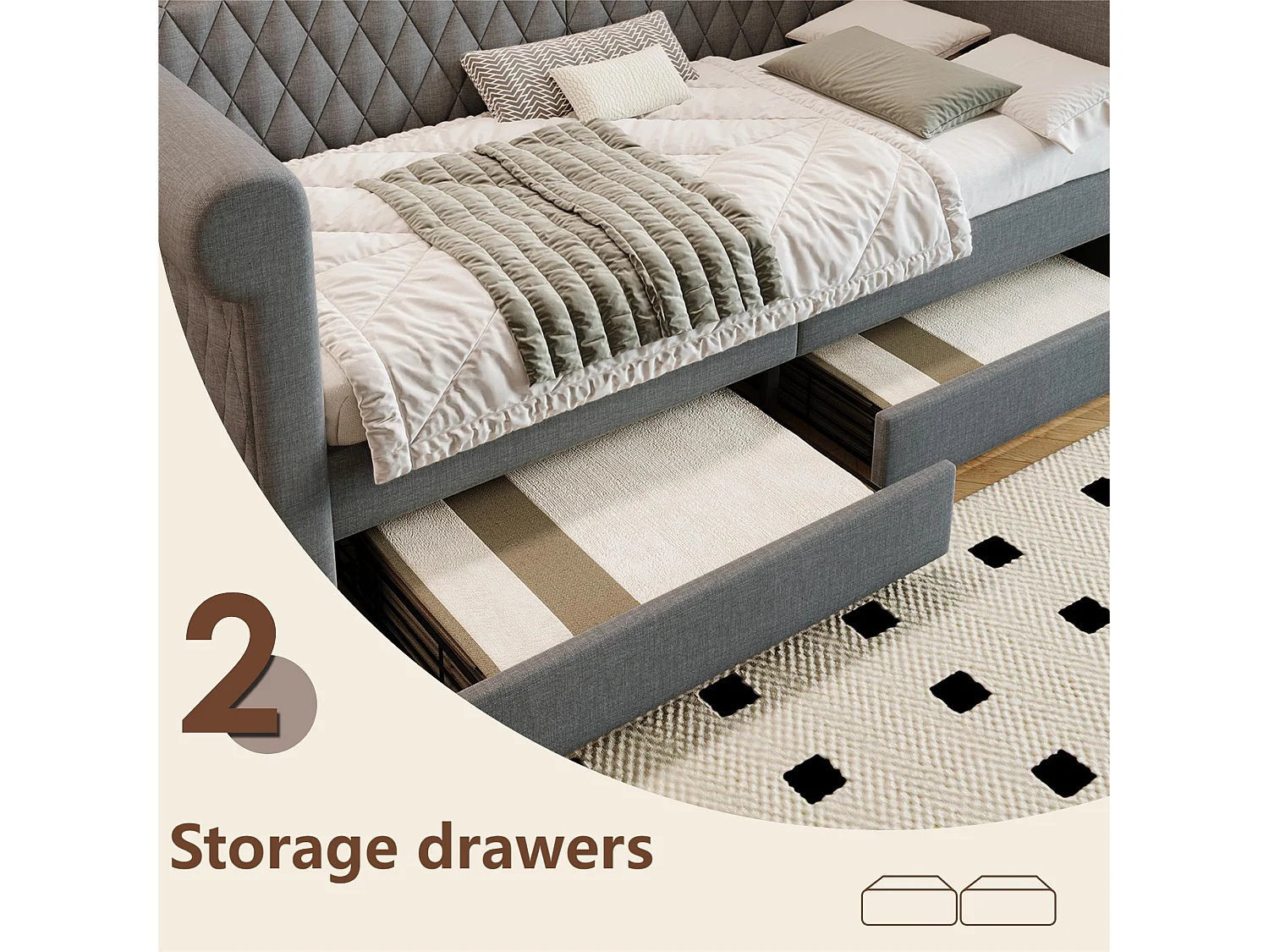 Lit banquette avec 2 tiroirs en tissu lin - 90x200cm - avec sommier à lattes - Gris