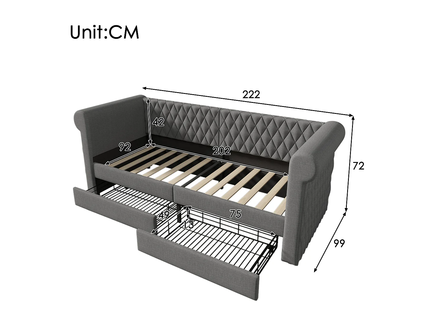 Lit banquette avec 2 tiroirs en tissu lin - 90x200cm - avec sommier à lattes - Gris