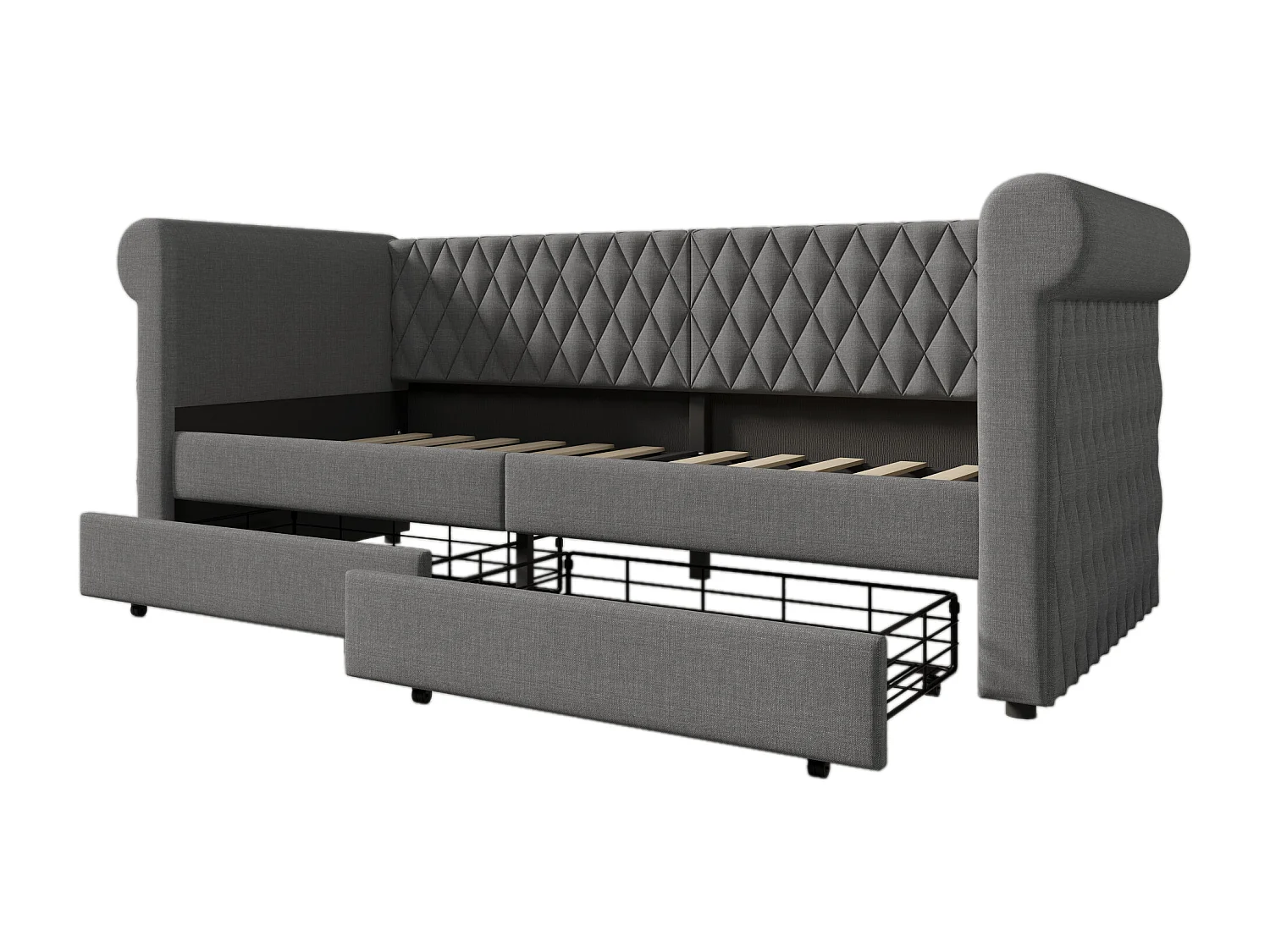 Lit banquette avec 2 tiroirs en tissu lin - 90x200cm - avec sommier à lattes - Gris