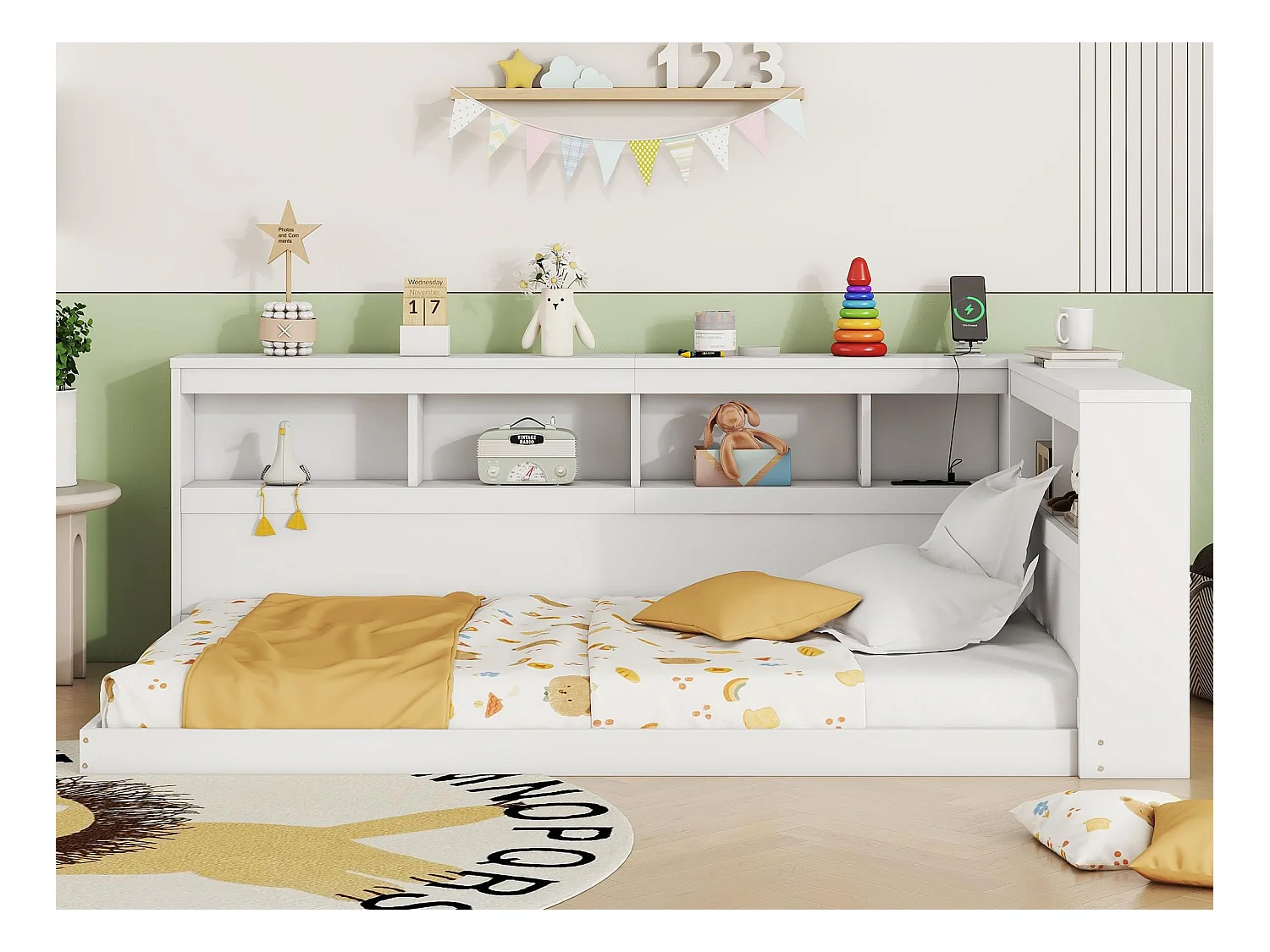 Łóżko banquette 90x200cm - z portami USB i schowkami - Białe