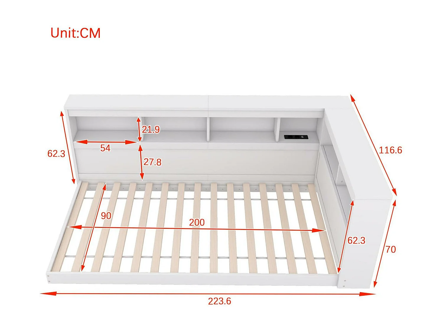 Bedbank van 90x200cm - met USB-poorten en opbergruimte - Wit