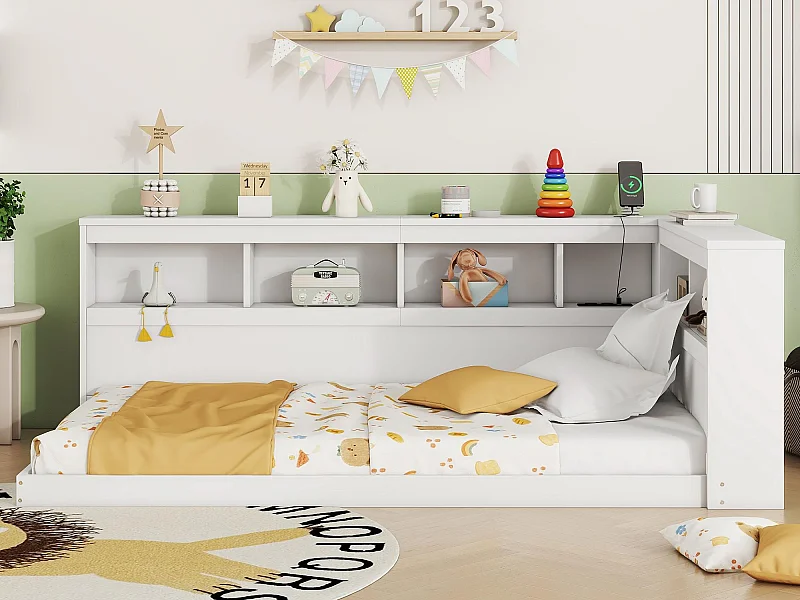 90 x 200 cm großes Tagesbett – mit USB-Anschlüssen und Stauraum – Weiß