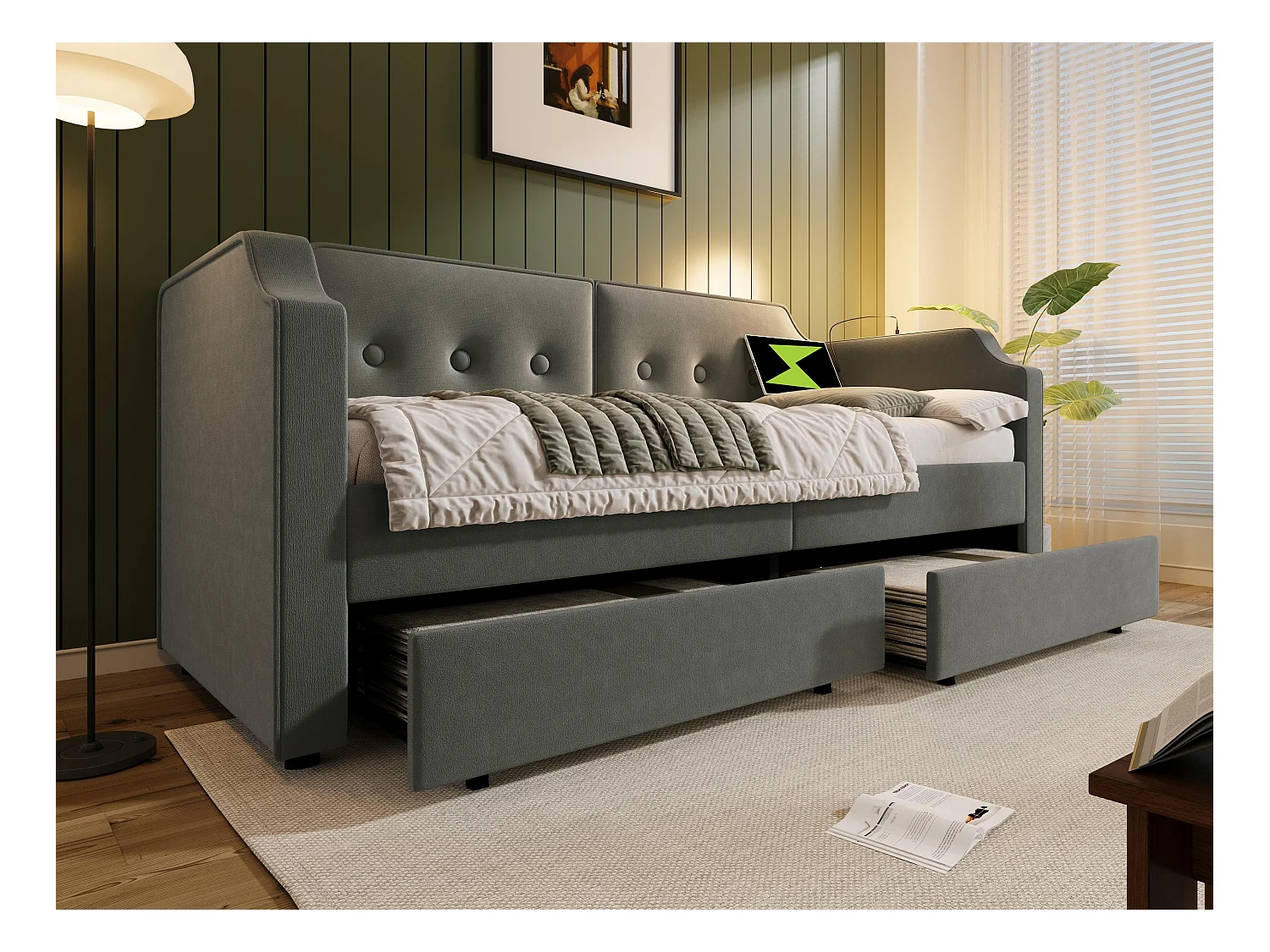 Łóżko banquette 90x200cm z weluru - z funkcją ładowania i LED - z stelażem na listwy - Szary