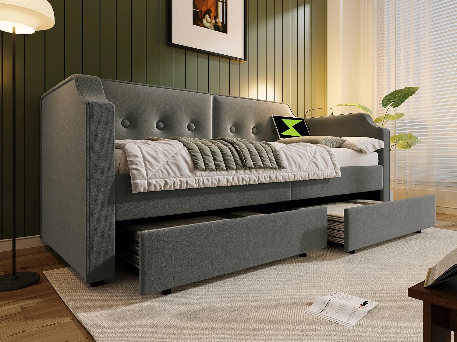 Divano letto in velluto 90x200 cm - con funzione di ricarica e LED - con rete a doghe - Grigio