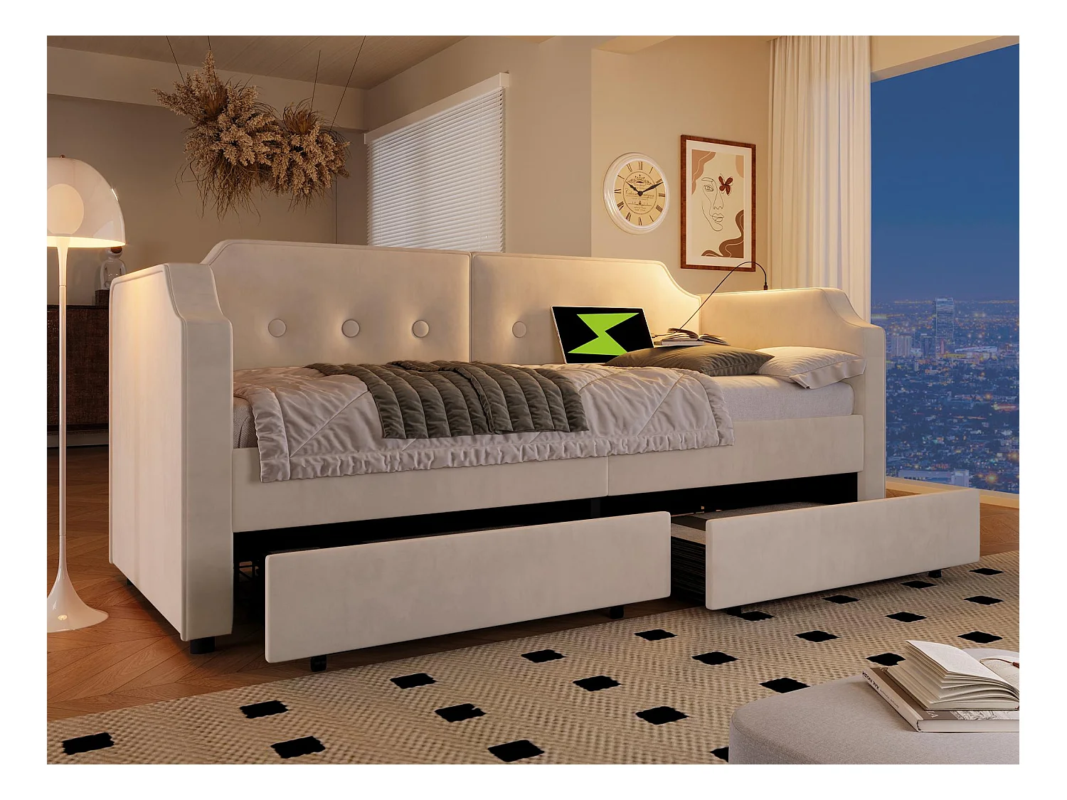 90x200cm fluwelen slaapbank - met oplaadfunctie en LED - met lattenbodem - Beige