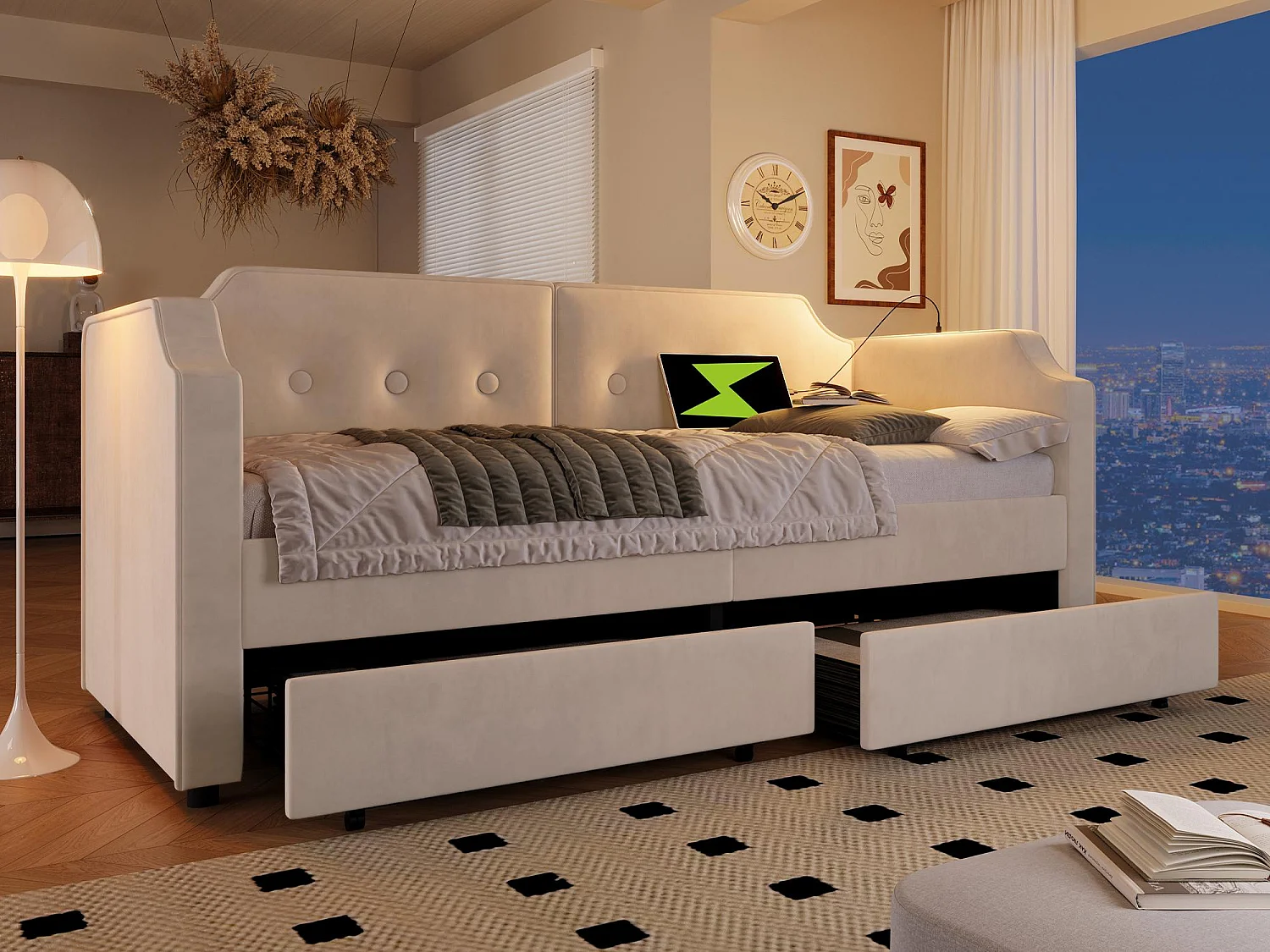 90 x 200 cm großes Schlafsofa aus Samt – mit Ladefunktion und LED – mit Lattenrost – Beige