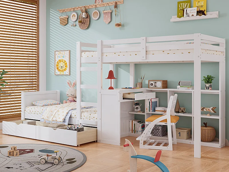 Etagenbett 90x200cm – mit Schreibtisch & offenen Regalen & 2 Schubladen – aus Kiefernholz und MDF – Weiß