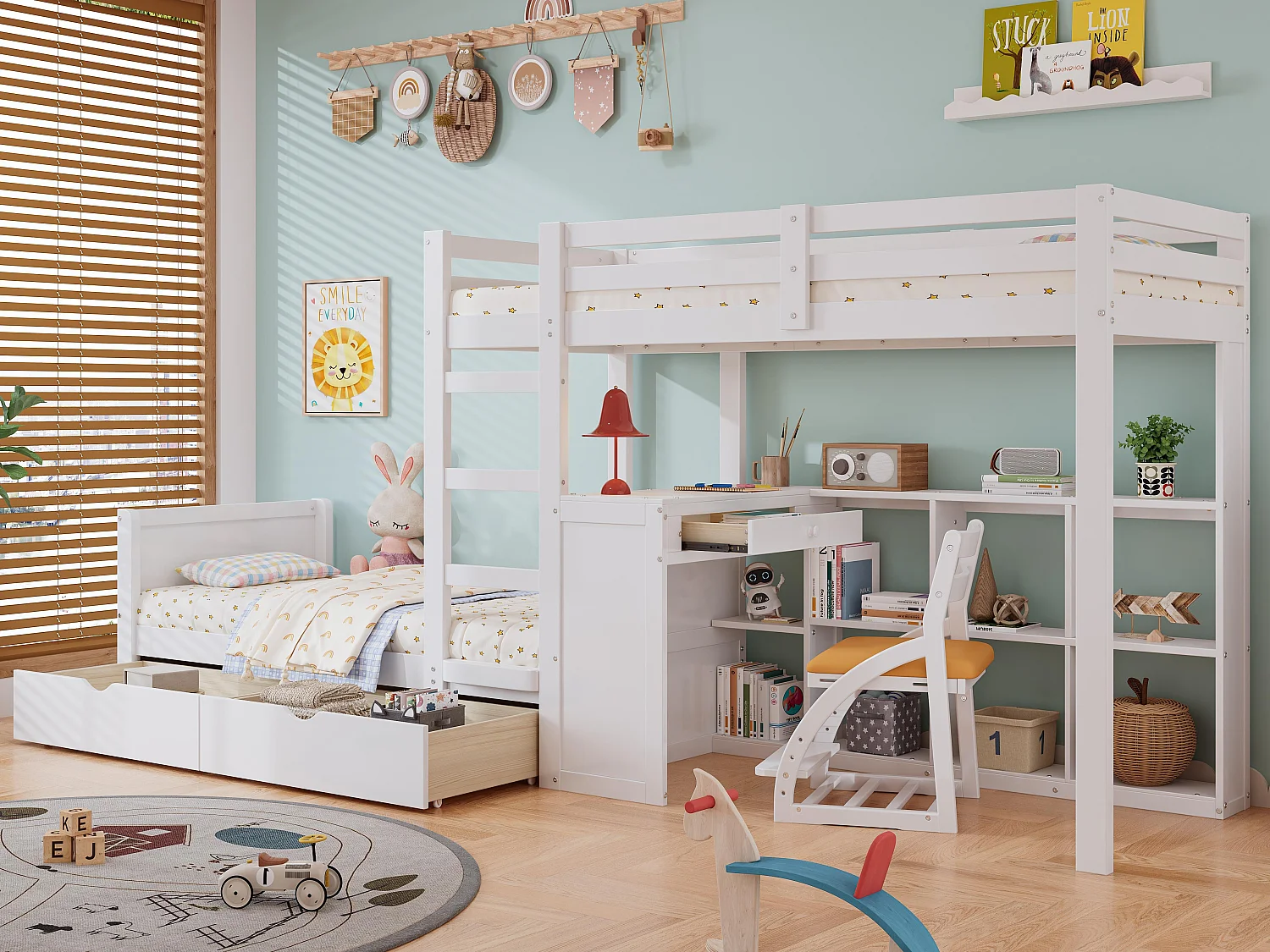 Lit superposé 90x200cm - avec bureau & étagères ouvertes & 2 tiroirs - en bois de pin et MDF - Blanc