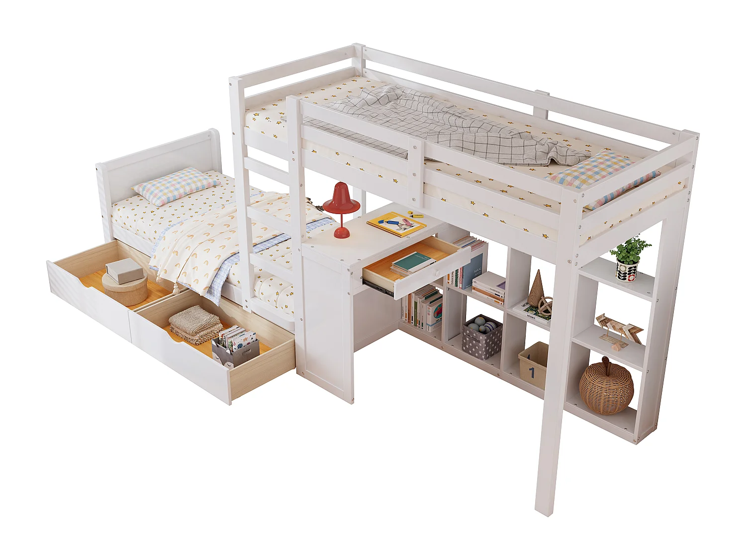 Lit superposé 90x200cm - avec bureau & étagères ouvertes & 2 tiroirs - en bois de pin et MDF - Blanc