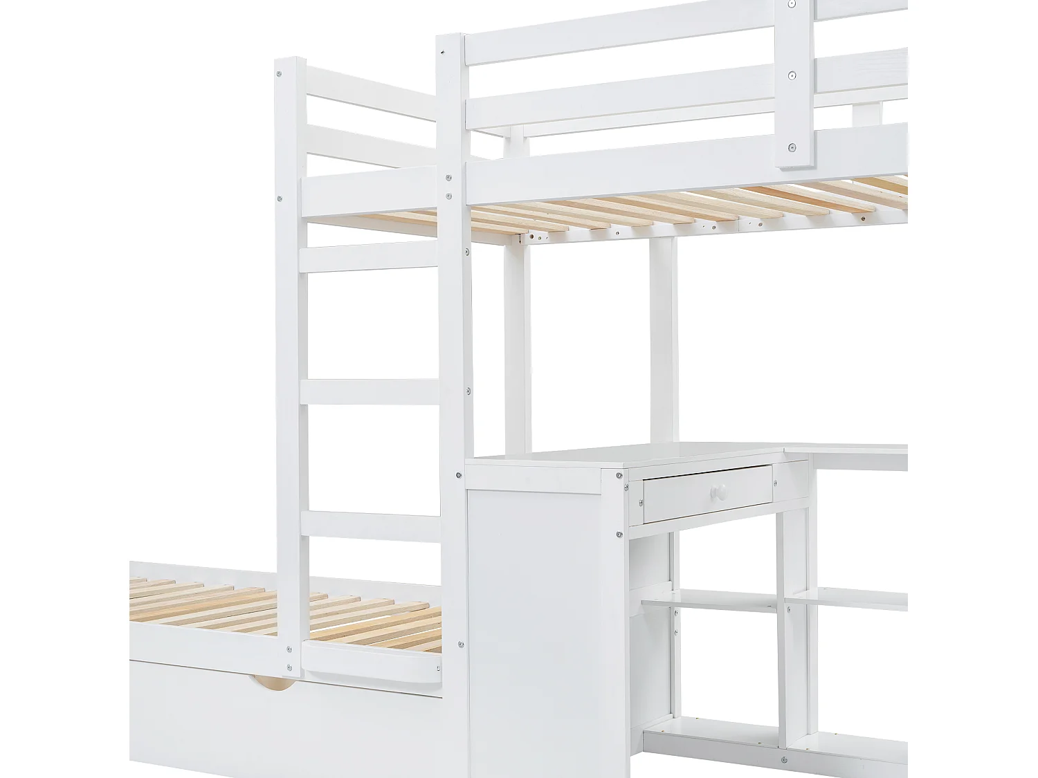 Lit superposé 90x200cm - avec bureau & étagères ouvertes & 2 tiroirs - en bois de pin et MDF - Blanc