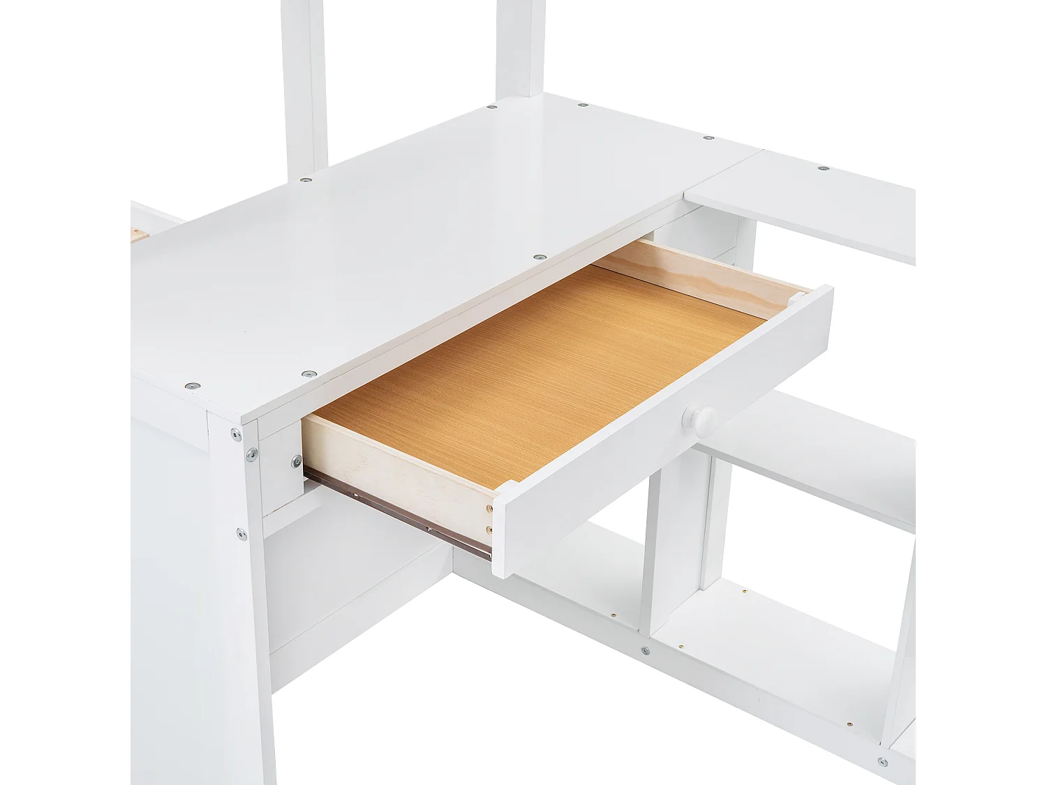 Lit superposé 90x200cm - avec bureau & étagères ouvertes & 2 tiroirs - en bois de pin et MDF - Blanc