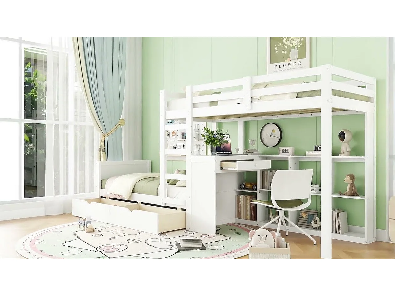 Lit superposé 90x200cm - avec bureau & étagères ouvertes & 2 tiroirs - en bois de pin et MDF - Blanc