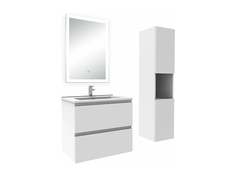 Ensemble meuble Salle de Bain 60cm avec vasque et colonne et miroir lumineux dimmable blanc