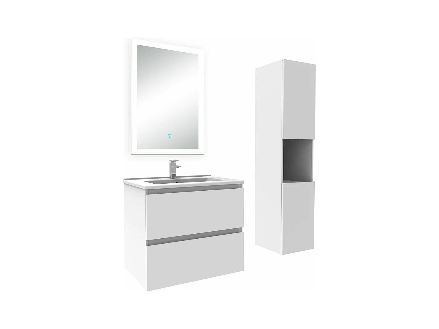 Ensemble meuble Salle de Bain 60cm avec vasque et colonne et miroir lumineux dimmable blanc