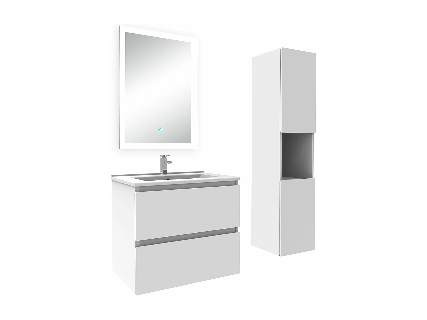 Ensemble meuble Salle de Bain 60cm avec vasque et colonne et miroir lumineux dimmable blanc
