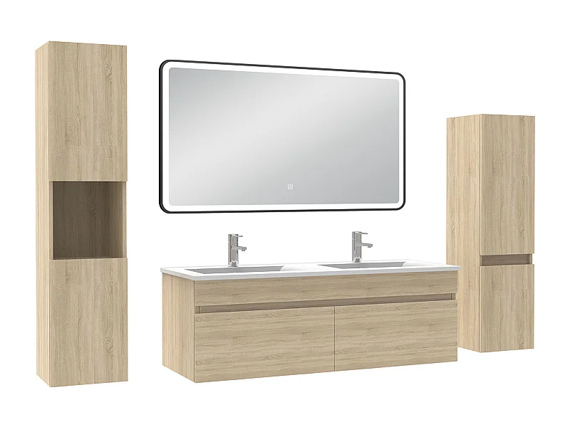 Meuble double vasque chêne wotan 120cm avec colonne + miroir lumineux 3 couleurs + dimmable